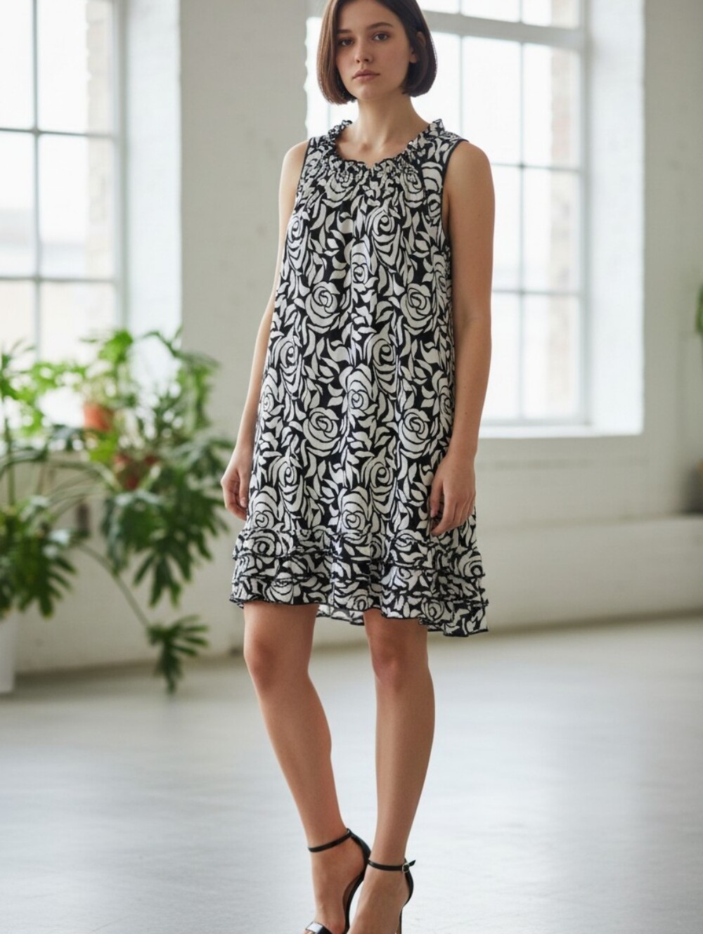 Prelude Black & White Rose Print Sleeveless Tiered Ruffled Hem Dress